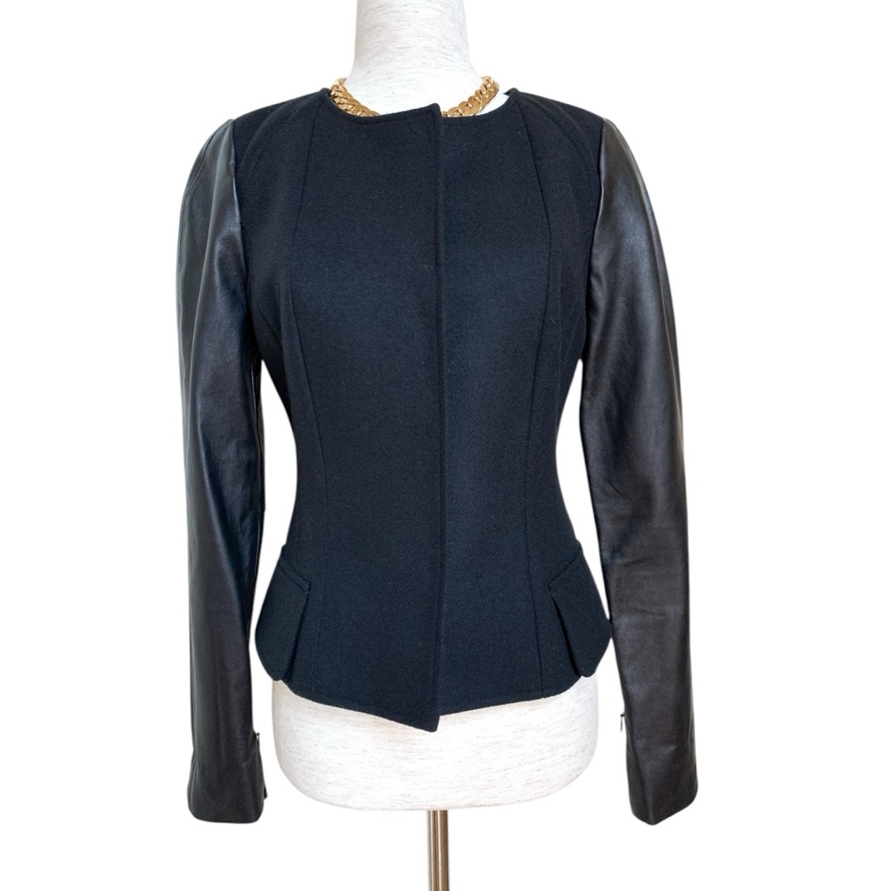 Valette black wool fitted jacket with leather sleeves, XS